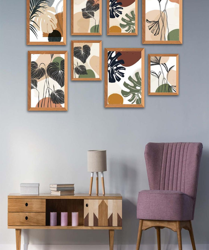 8 Parça Bohem Tarzda Sanatsal Ahşap Çerçeve Görünümlü Uv Baskı Mdf Tablo Seti