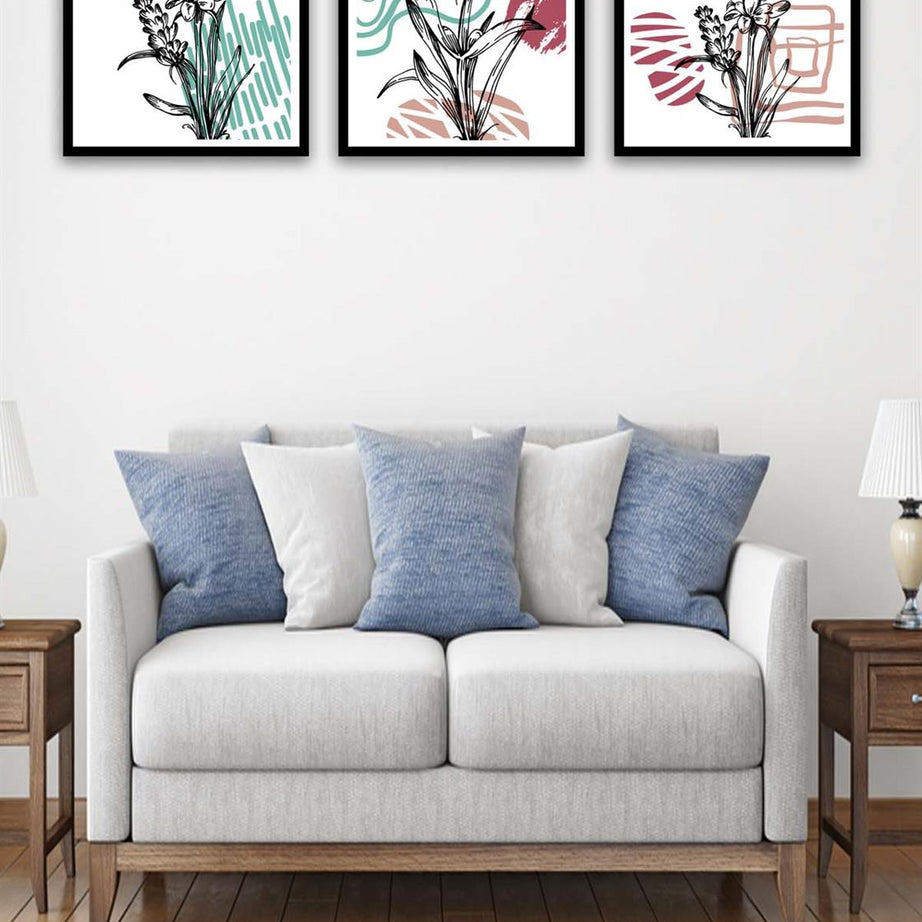 3 Parça Modern Sanat Tarzında Siyah Çerçeve Görünümlü Uv Baskı Mdf Tablo Seti