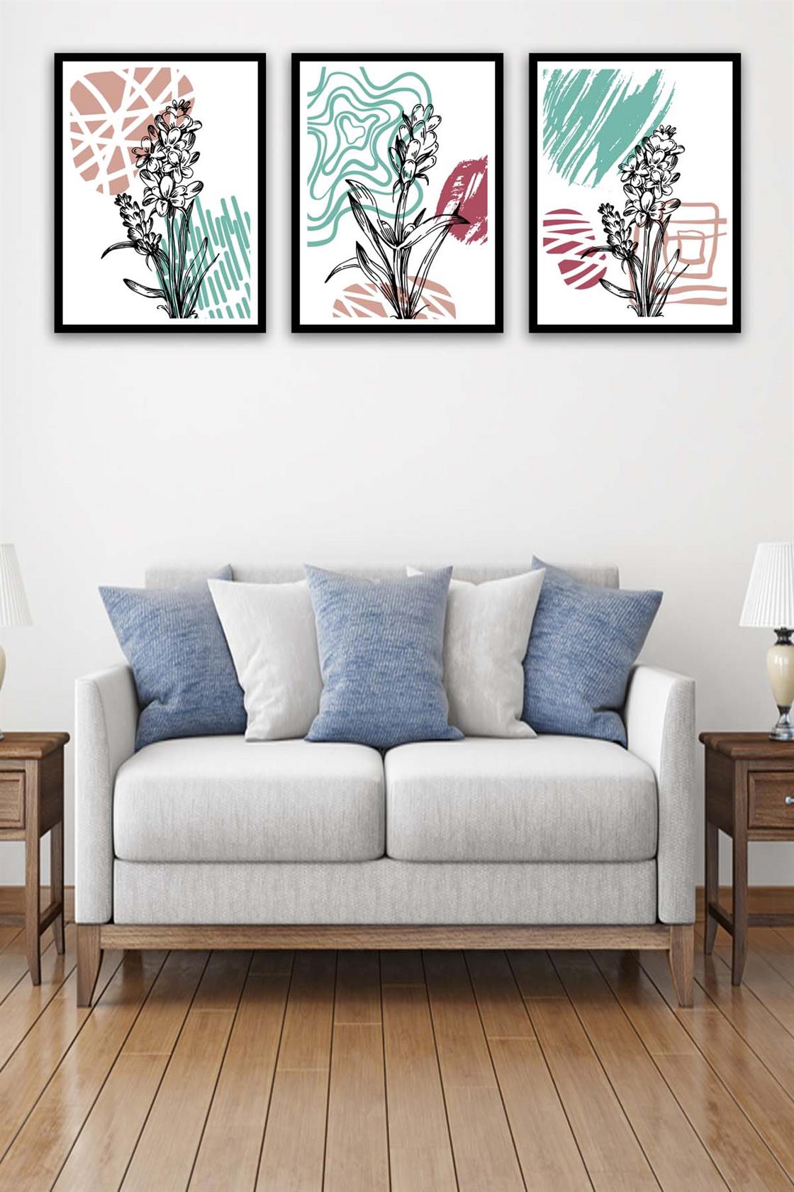 3 Parça Modern Sanat Tarzında Siyah Çerçeve Görünümlü Uv Baskı Mdf Tablo Seti