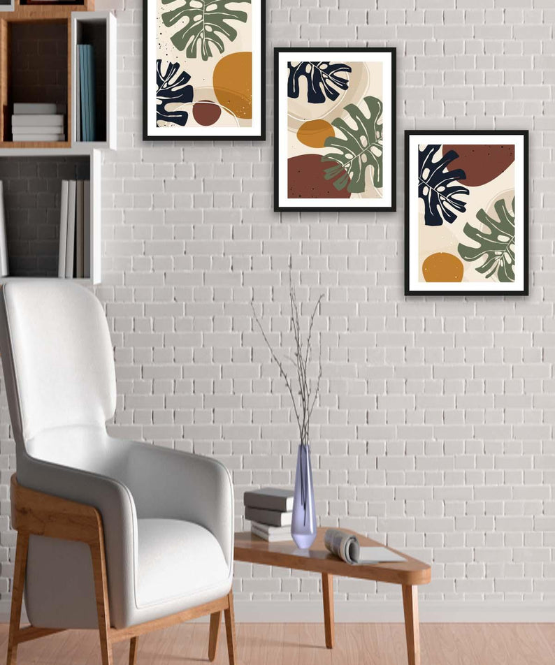 Botanik Yaprak Ve Bohem Tarzında Siyah Çerçeve Görünümlü Ahşap Tablo Seti