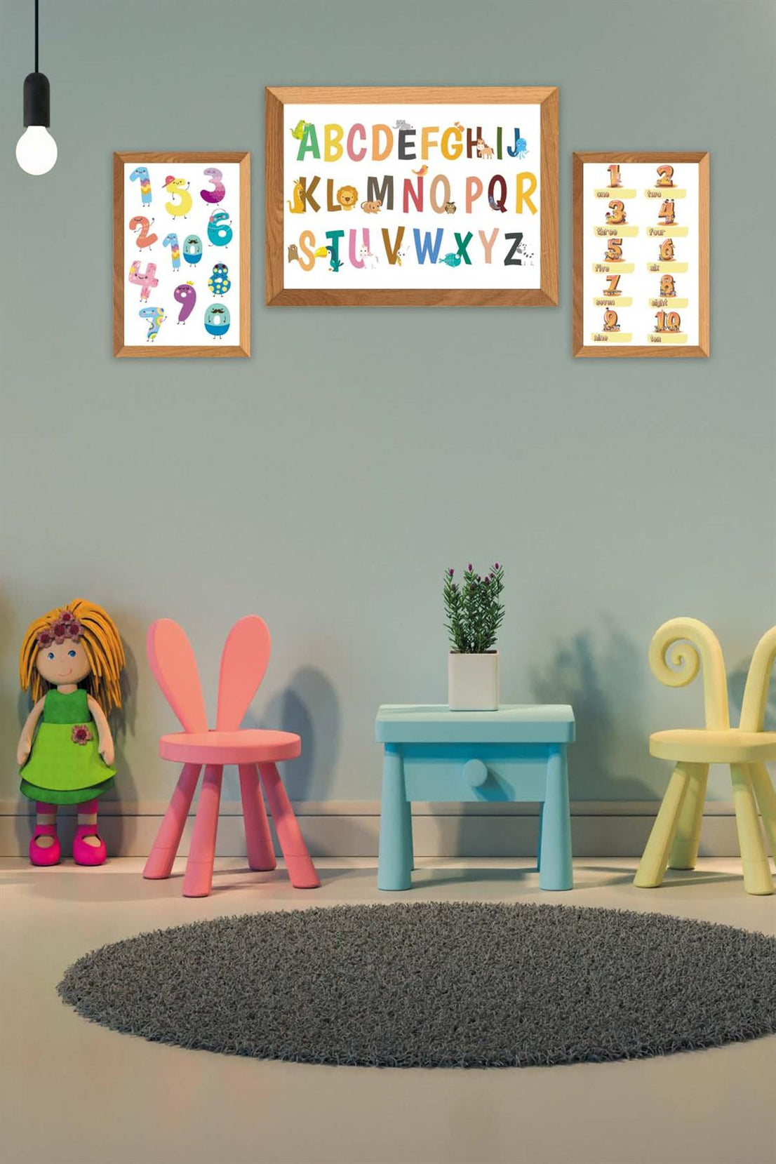Çoçuklar İçin Renkli Alfabe Sayılar Eğitici Tablo Ahşap Çerçeve Görünümlü Dijital Baskı Tablo Seti