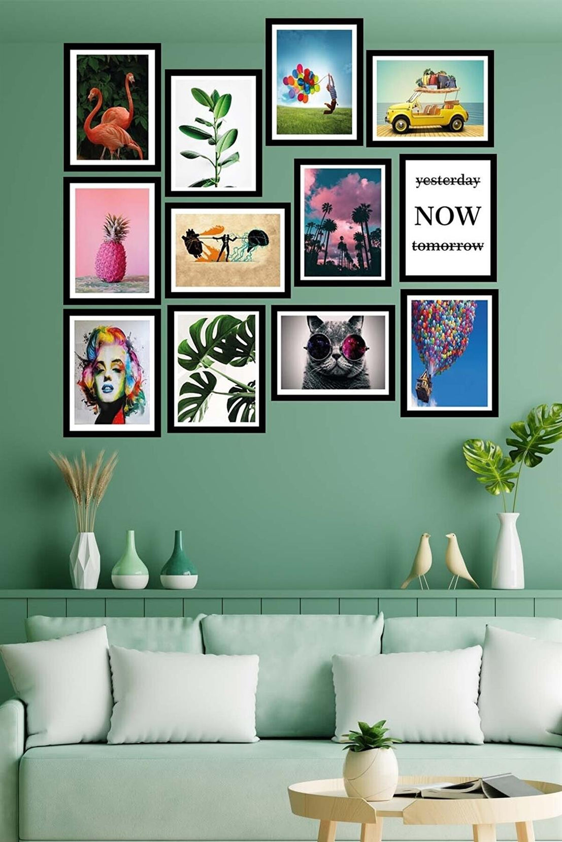 12 Parça Birbirinden Farklı Dijital Baskı Siyah Çerçeve Görünümlü Tablo Seti