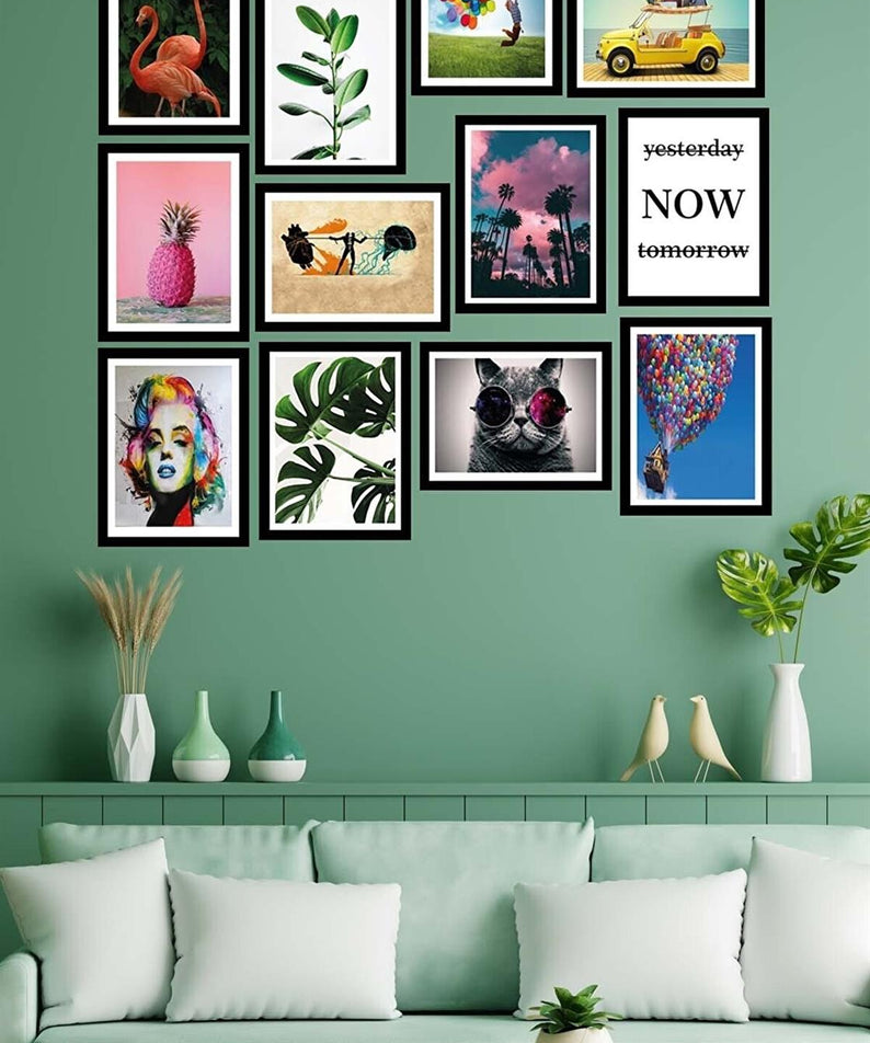 12 Parça Birbirinden Farklı Dijital Baskı Siyah Çerçeve Görünümlü Tablo Seti