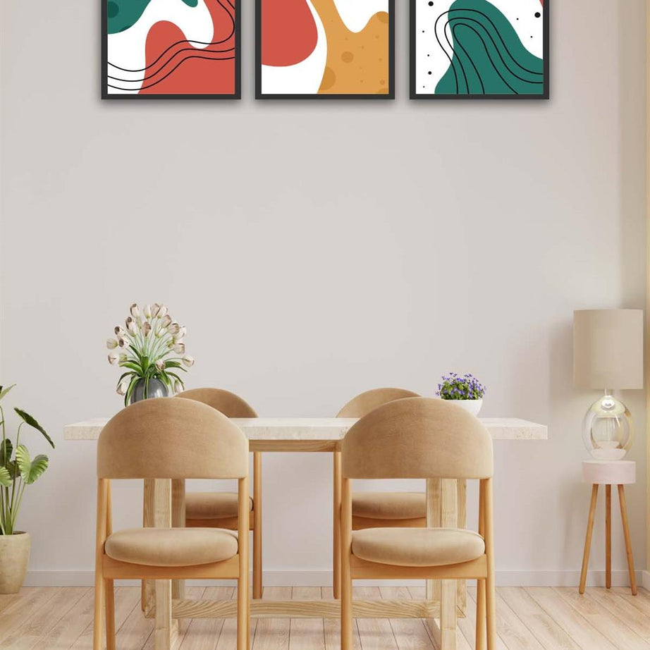 3 Parça Renkli Modern Tarzda Siyah Çerçeve Görünümlü Uv Baskı Mdf Tablo Seti
