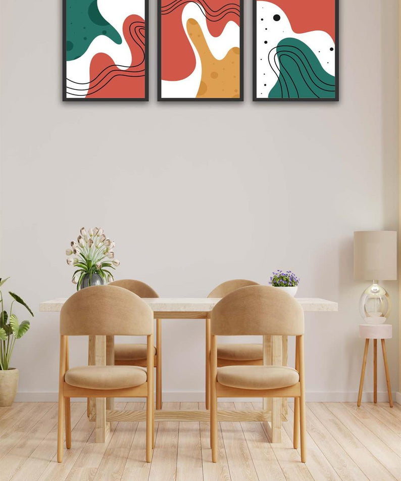 3 Parça Renkli Modern Tarzda Siyah Çerçeve Görünümlü Uv Baskı Mdf Tablo Seti