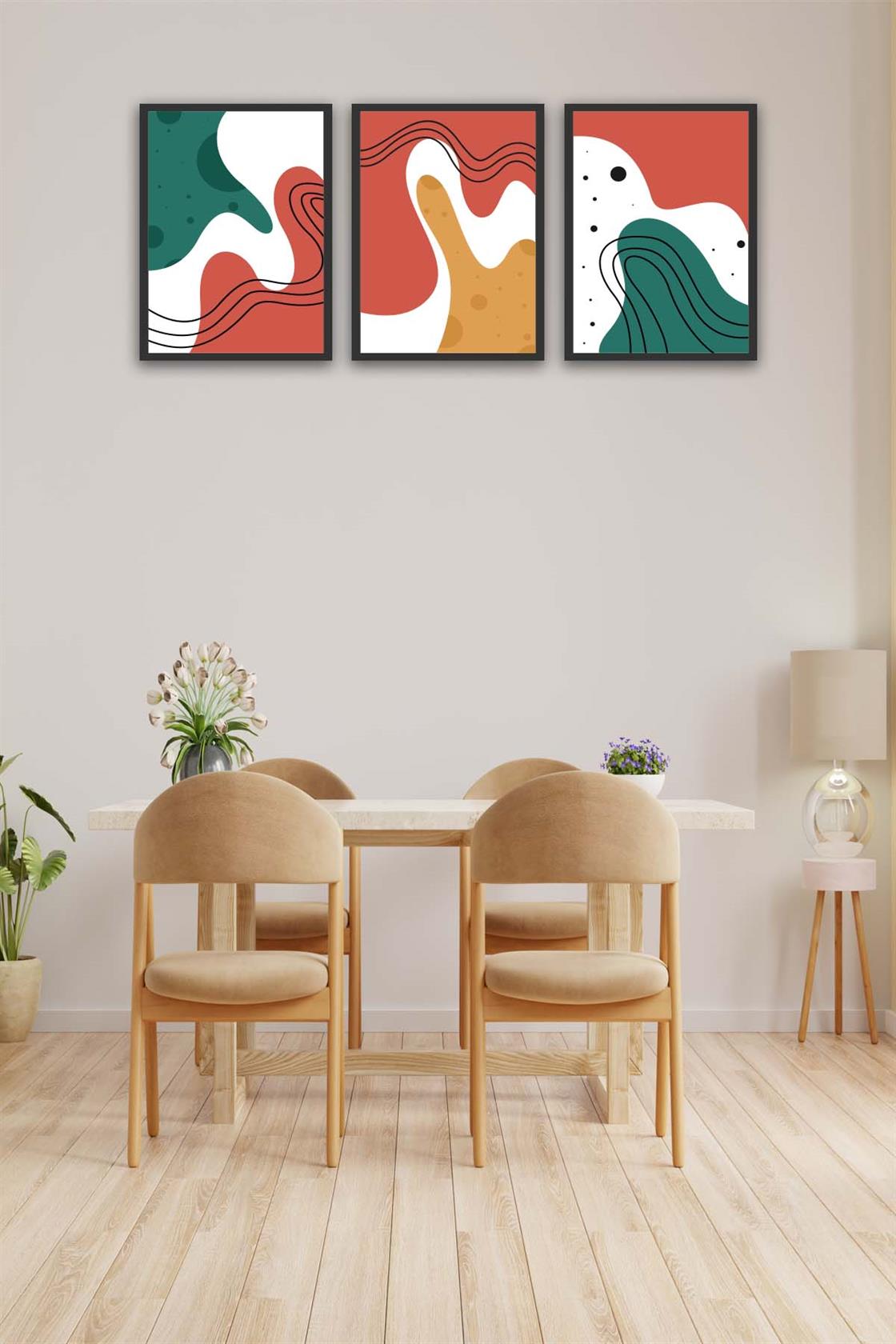3 Parça Renkli Modern Tarzda Siyah Çerçeve Görünümlü Uv Baskı Mdf Tablo Seti