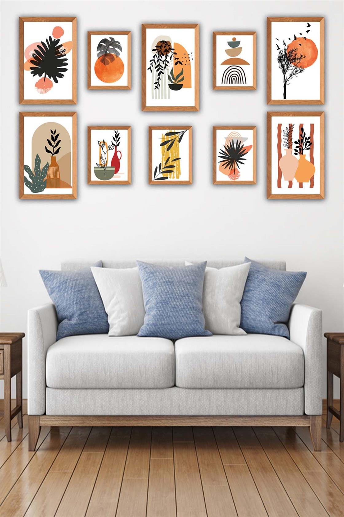 10 Parça Ahşap Çerçeve Görünümlü Sanatsal Tarzda Tablo Seti