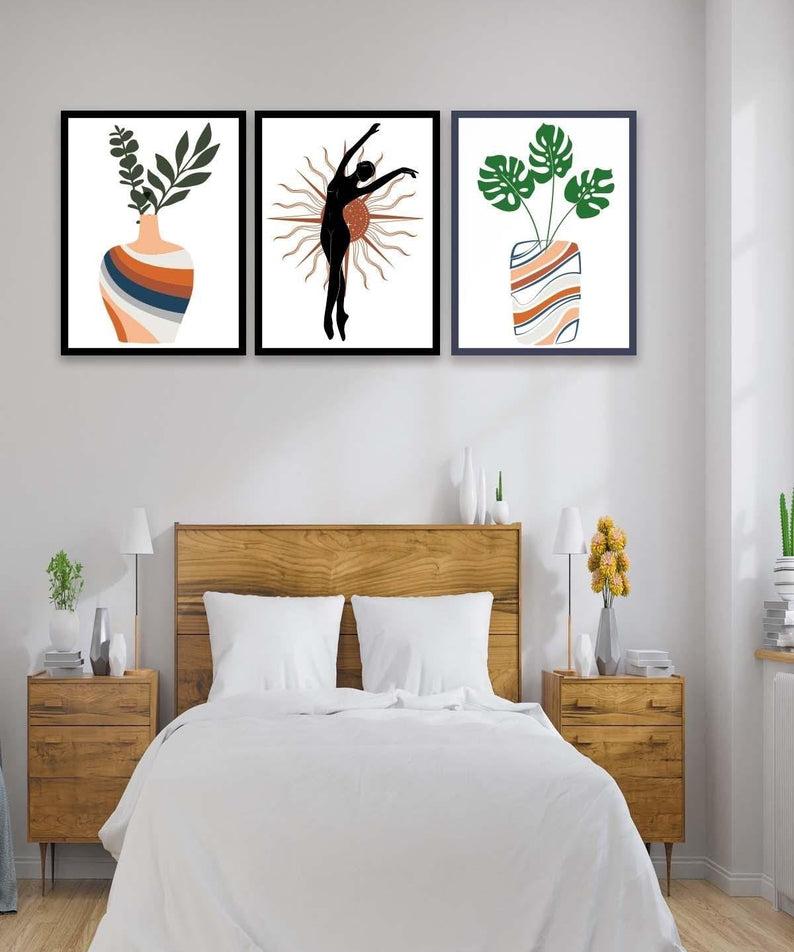 Botanik Çiçek Temalı Siyah Çerçeve Görünümlü Tablo Seti