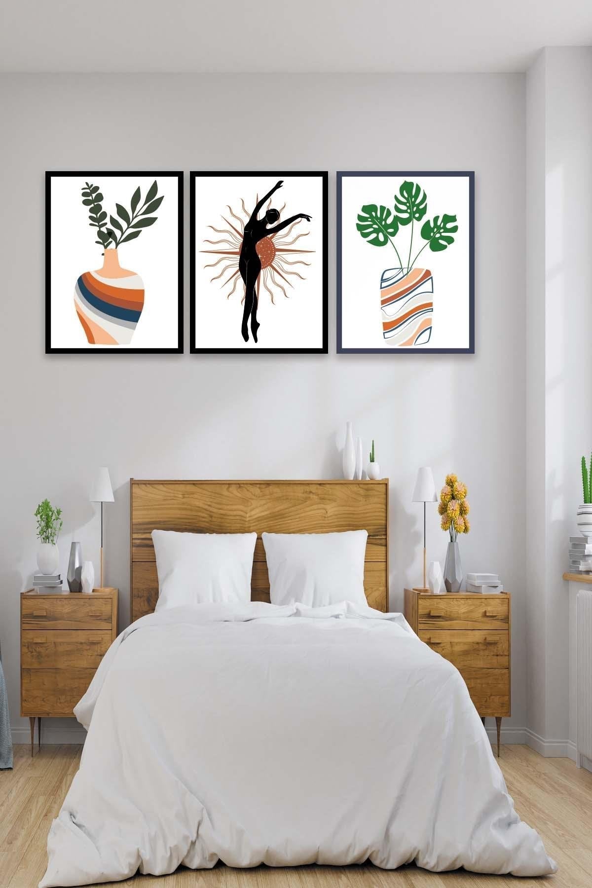 Botanik Çiçek Temalı Siyah Çerçeve Görünümlü Tablo Seti