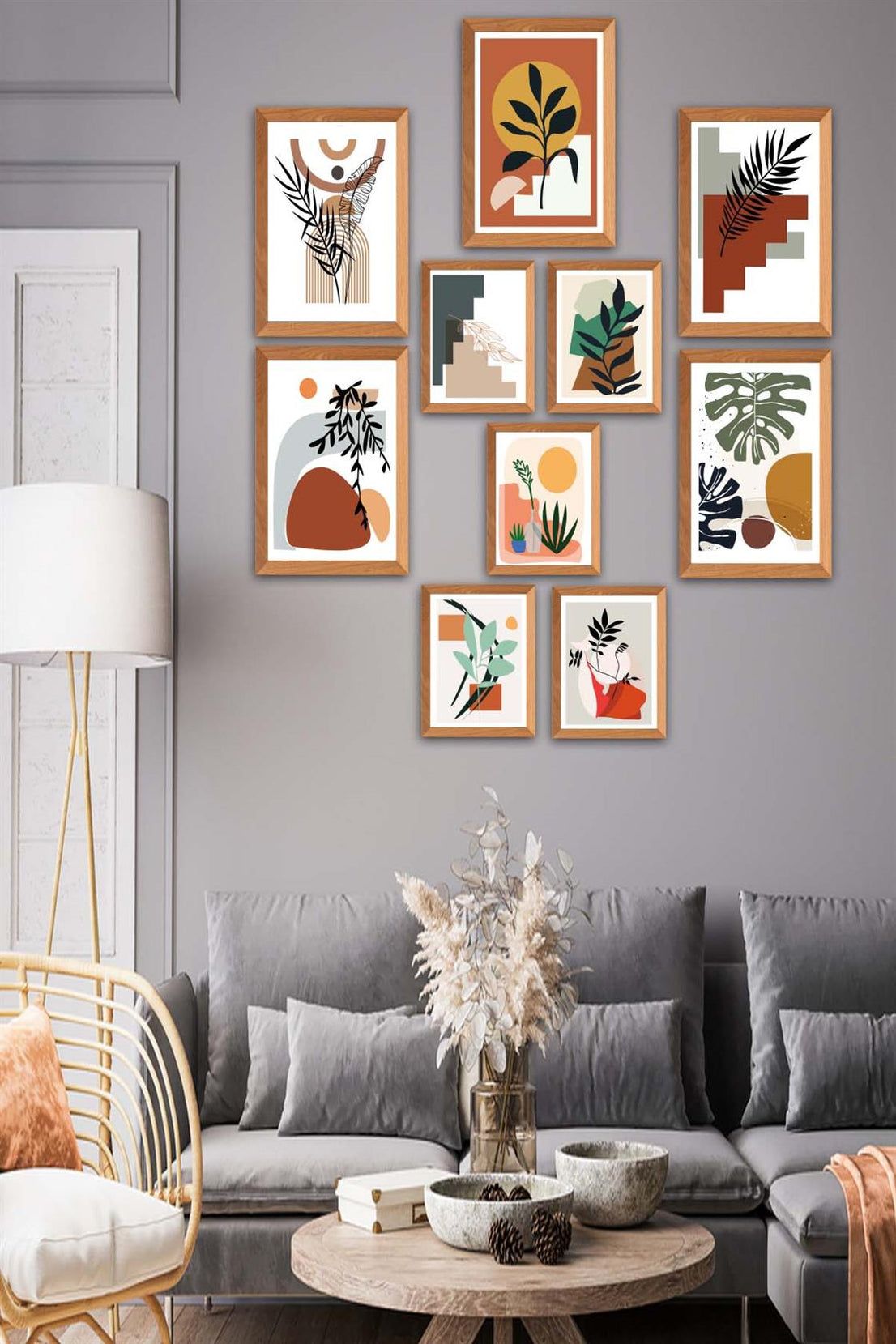 10 Parça Bohem Tarzında Ahşap Çerçeve Görünümlü Uv Baskı Mdf Tablo Seti