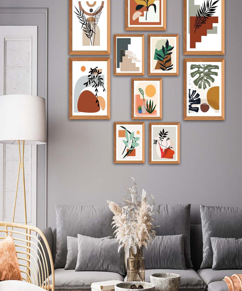 10 Parça Bohem Tarzında Ahşap Çerçeve Görünümlü Uv Baskı Mdf Tablo Seti