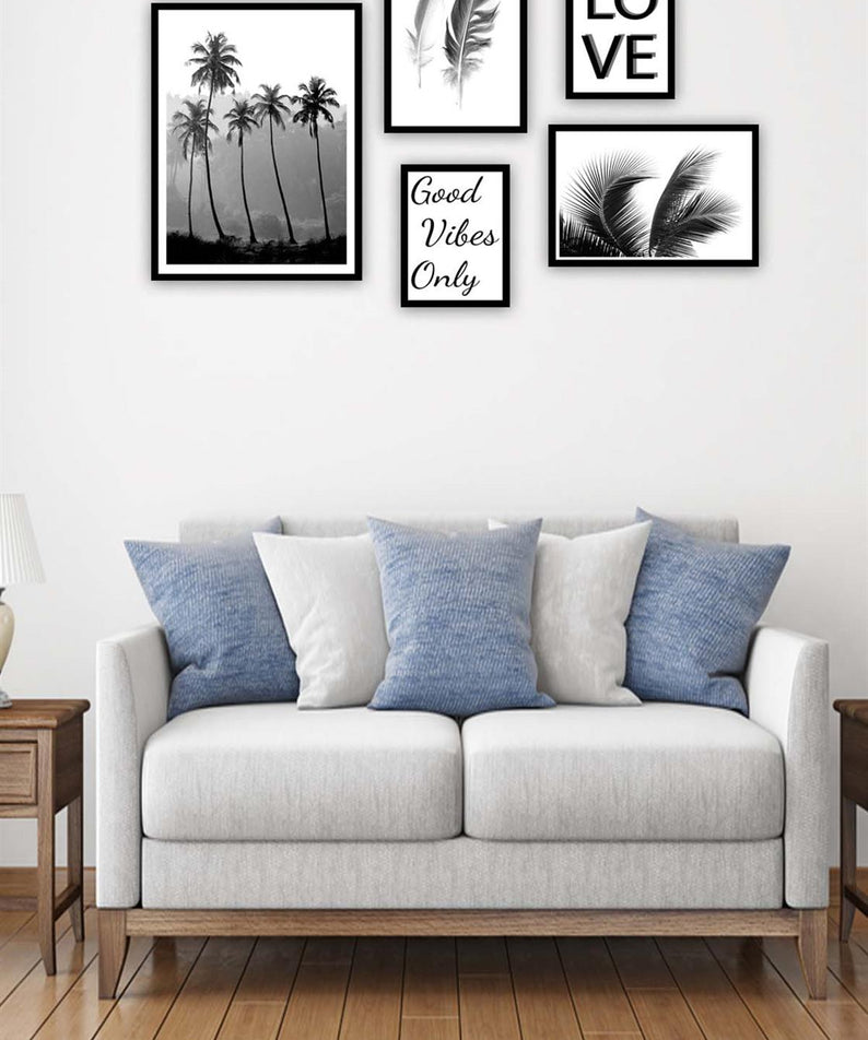 5 Parça Siyah Beyaz Yaprak Siyah Çerçeve Görünümlü Tablo Seti