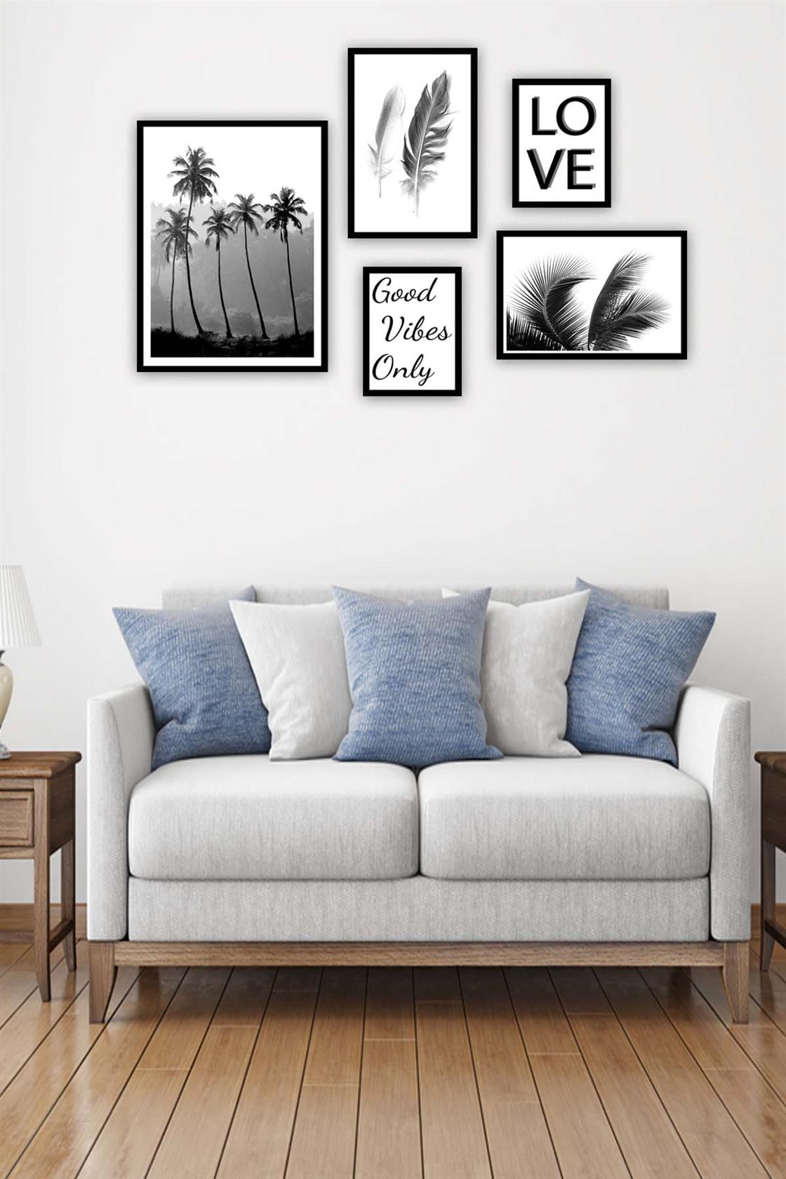 5 Parça Siyah Beyaz Yaprak Siyah Çerçeve Görünümlü Tablo Seti