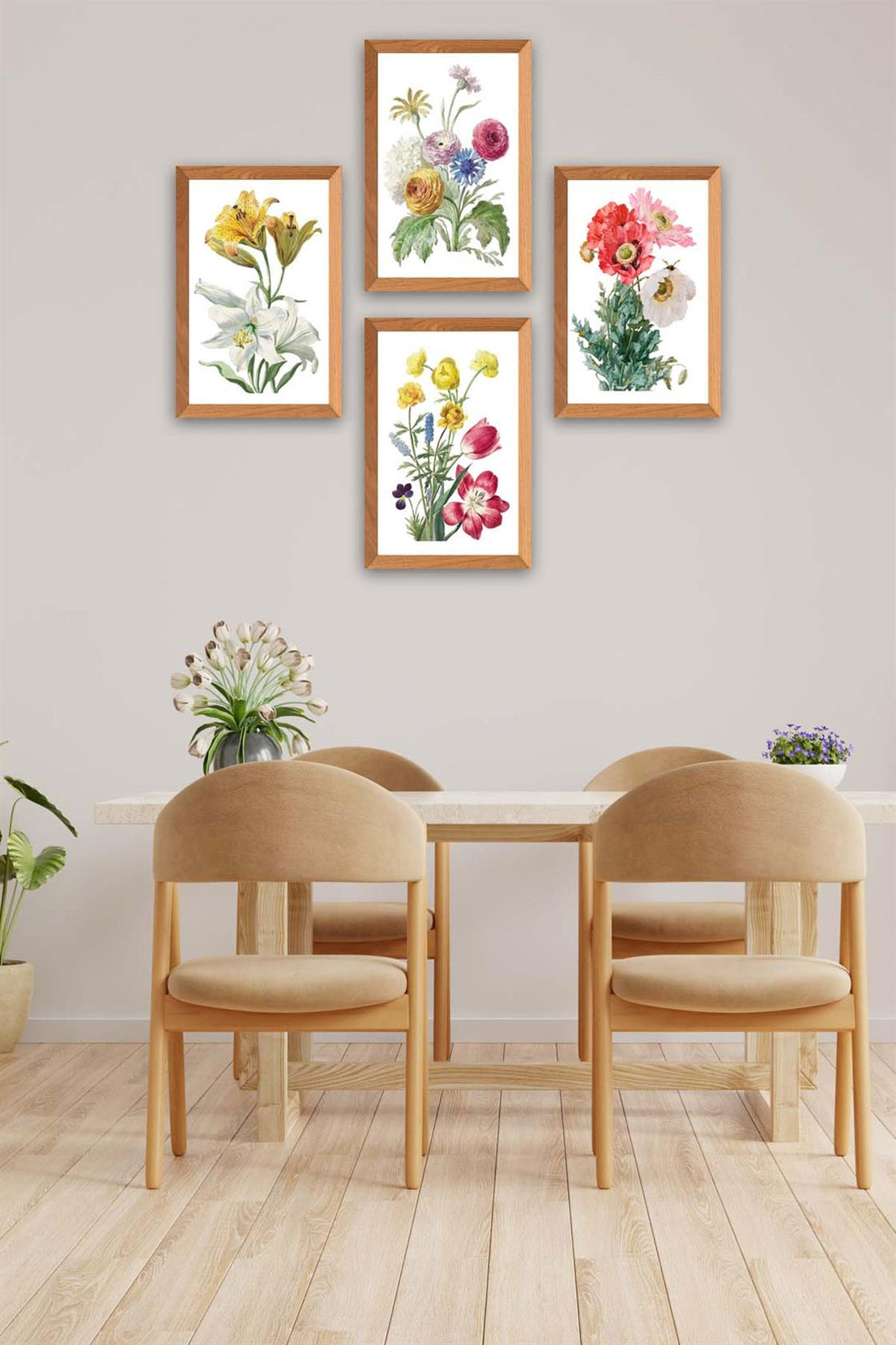 4 Parça Suluboya Tarzında Çiçek Desenli Ahşap Çerçeve Görünümlü Uv Baskı Mdf Tablo Seti