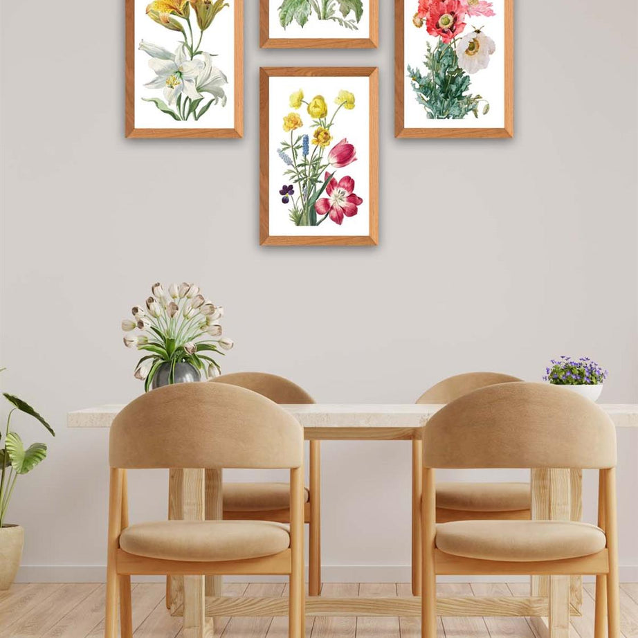 4 Parça Suluboya Tarzında Çiçek Desenli Ahşap Çerçeve Görünümlü Uv Baskı Mdf Tablo Seti