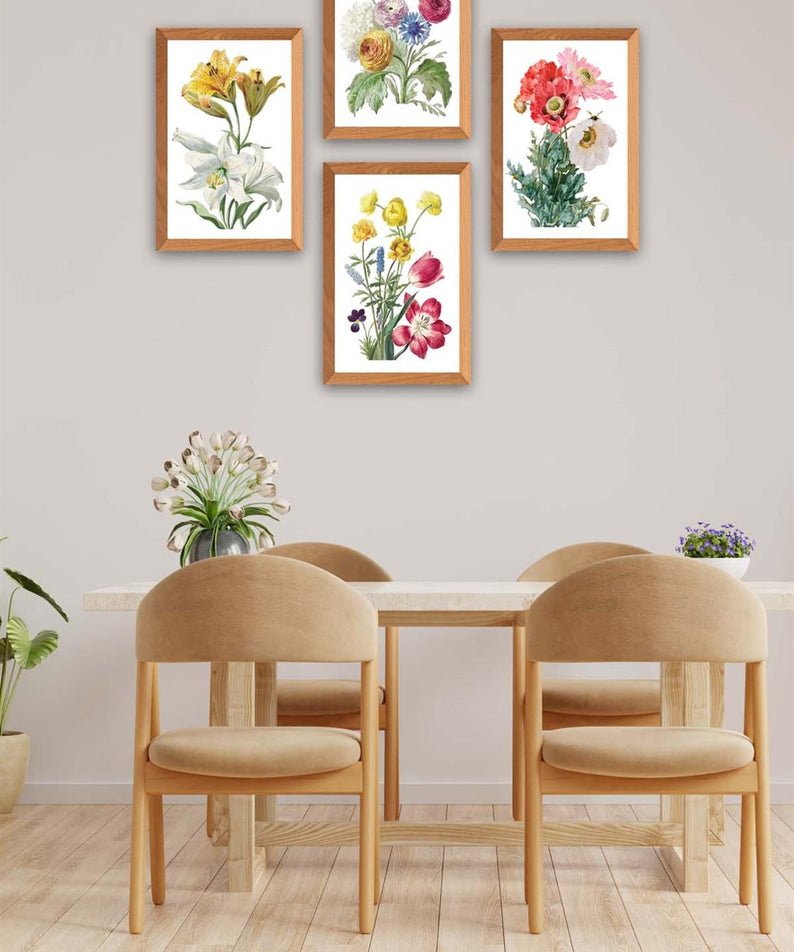 4 Parça Suluboya Tarzında Çiçek Desenli Ahşap Çerçeve Görünümlü Uv Baskı Mdf Tablo Seti