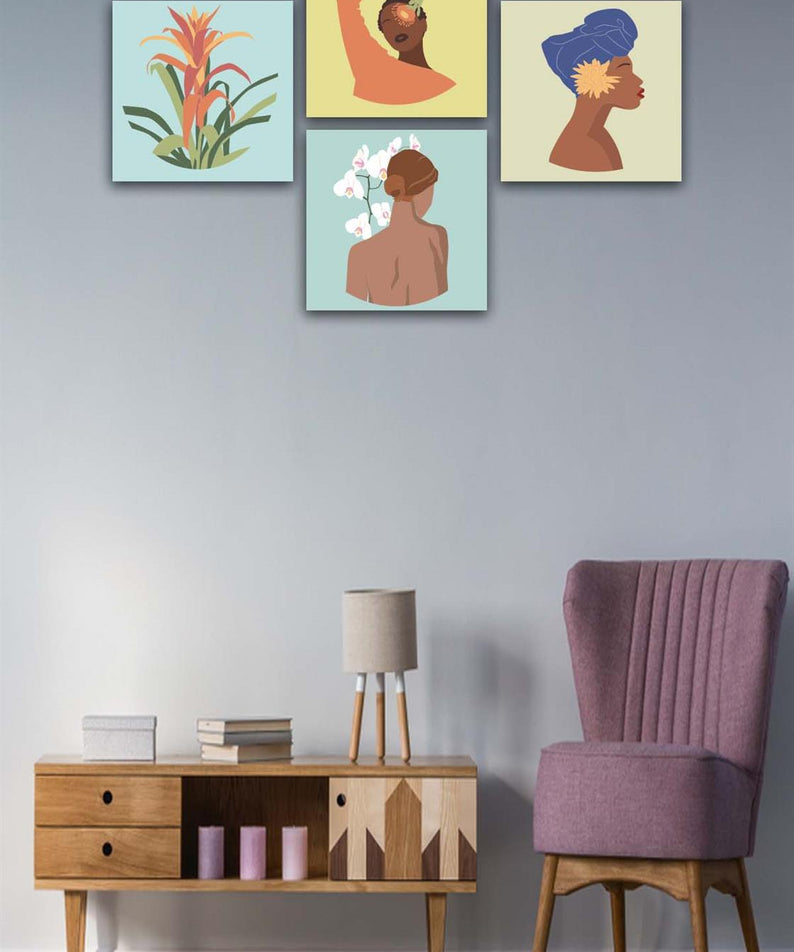 4 Parça Bohem Kadın Uv Baskı Mdf Tablo Seti