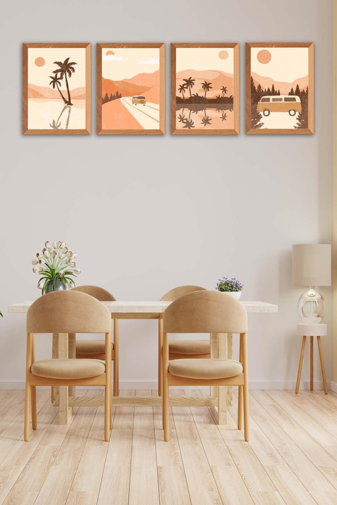 Yaz Ve Palmiye Temalı Ahşap Çerçeve Görünümlü Tablo Seti