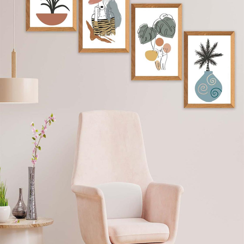 4 Parça Modern Sanatsal Bohem Tarzda (Ahşap çerçeve görünümlü) Uv Baskı Mdf Tablo Seti
