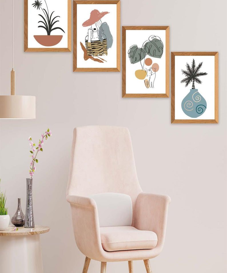 4 Parça Modern Sanatsal Bohem Tarzda (Ahşap çerçeve görünümlü) Uv Baskı Mdf Tablo Seti