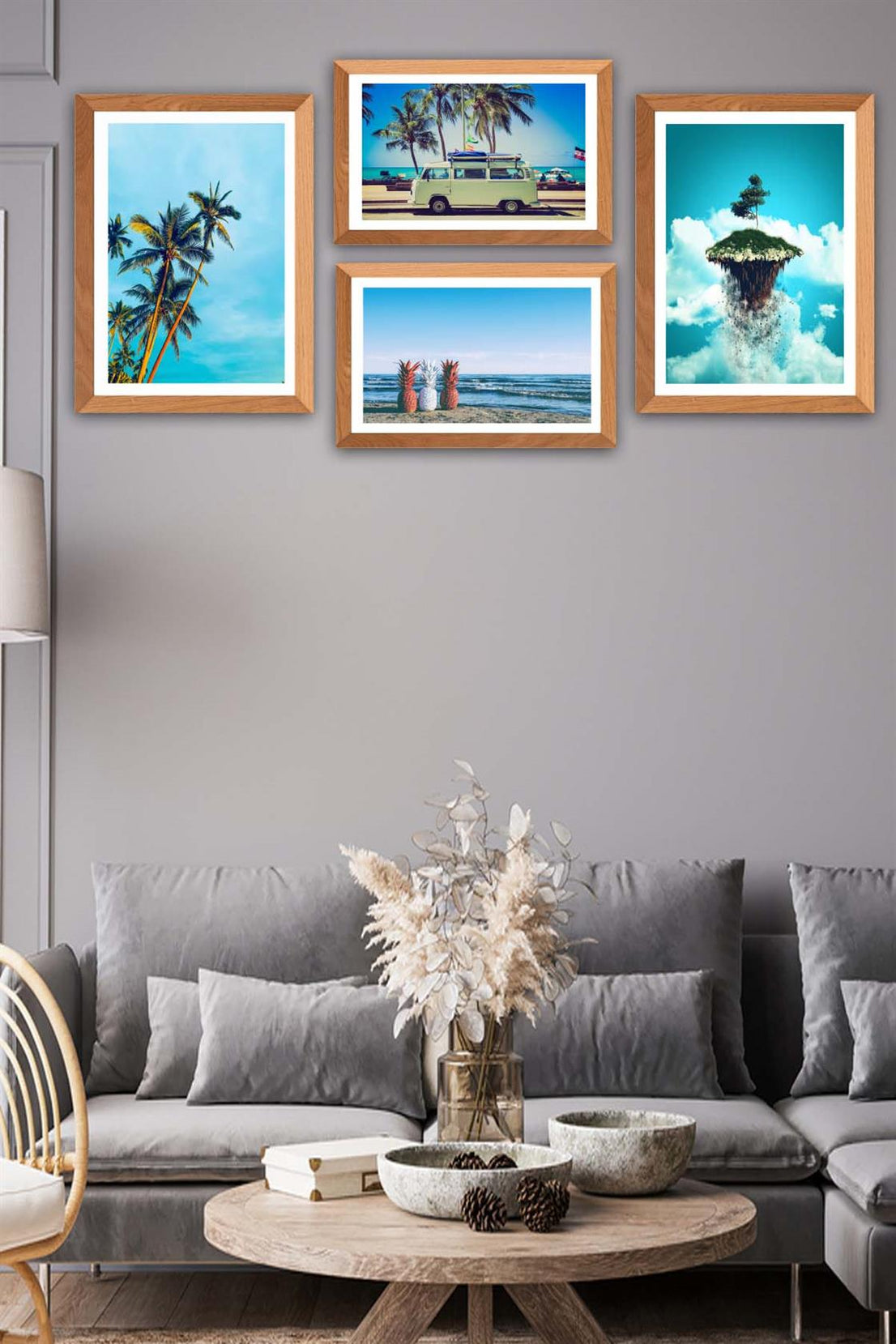 4 Parça Modern Tarzda Yaz Manzarası (Ahşap Çerçeve Görünümlü) Uv Baskı Tablo Seti