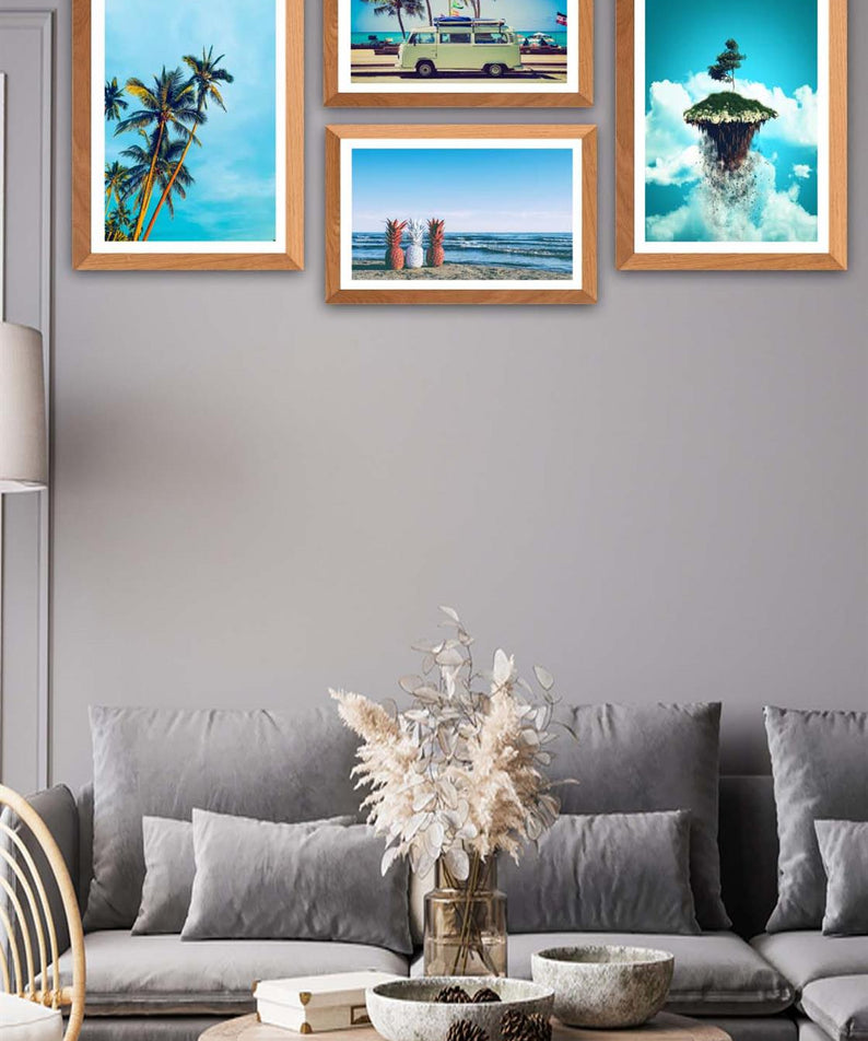 4 Parça Modern Tarzda Yaz Manzarası (Ahşap Çerçeve Görünümlü) Uv Baskı Tablo Seti