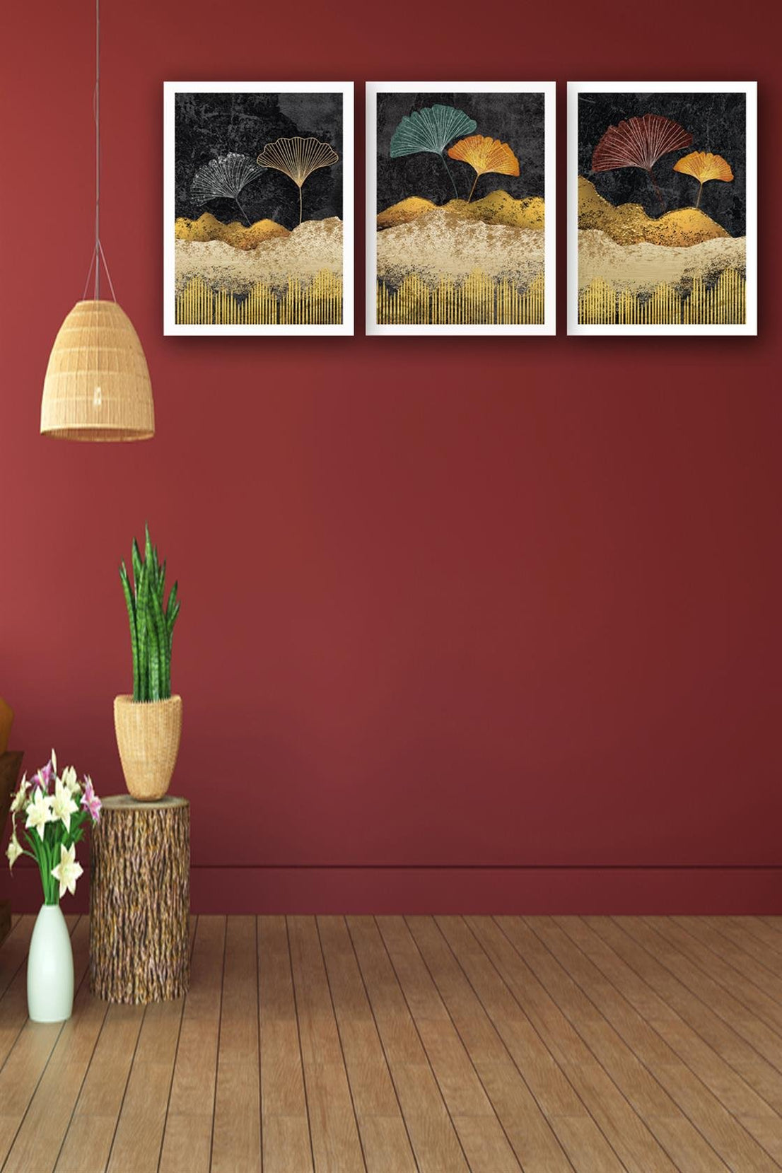 3 Parça Yaprak Tarzında Çiçek Uv Baskı Mdf Tablo Seti