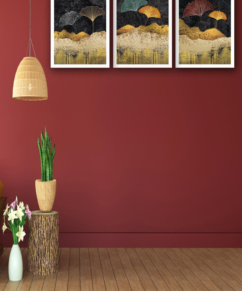 3 Parça Yaprak Tarzında Çiçek Uv Baskı Mdf Tablo Seti