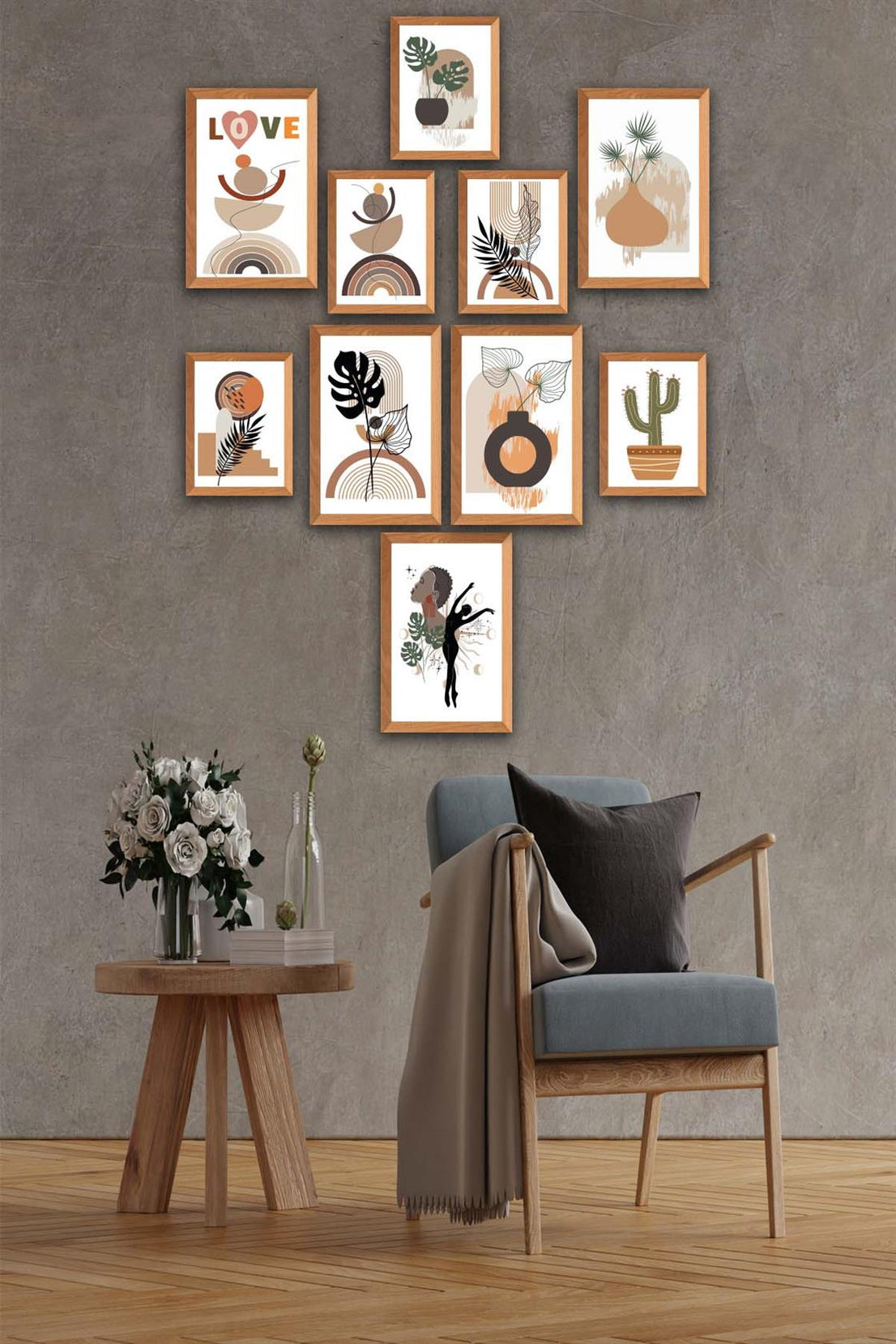 10 Parça Botanic Ve Bohem Tarzda Sanatsal Ahşap Çerçeve Görünümlü Uv Baskı Mdf Tablo Seti