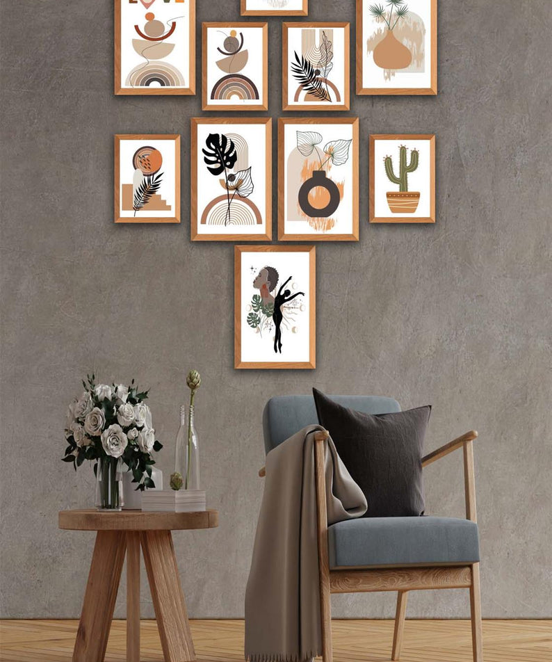 10 Parça Botanic Ve Bohem Tarzda Sanatsal Ahşap Çerçeve Görünümlü Uv Baskı Mdf Tablo Seti