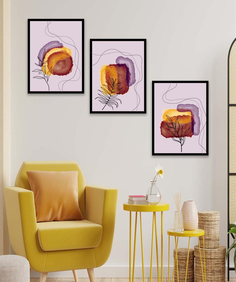 3 Parça Bohem Ve Suluboya Tarzda (Siyah Çerçeve Görünümlü) Uv Baskı Mdf Tablo Seti