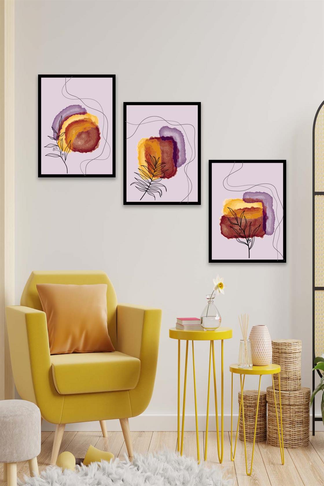 3 Parça Bohem Ve Suluboya Tarzda (Siyah Çerçeve Görünümlü) Uv Baskı Mdf Tablo Seti