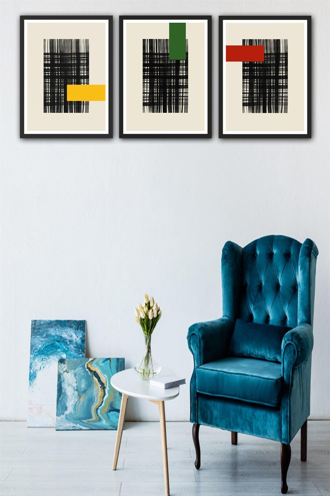 3 Parça Modern Sanat Tarzında Siyah Çerçeve Görünümlü Uv Baskı Mdf Tablo Seti