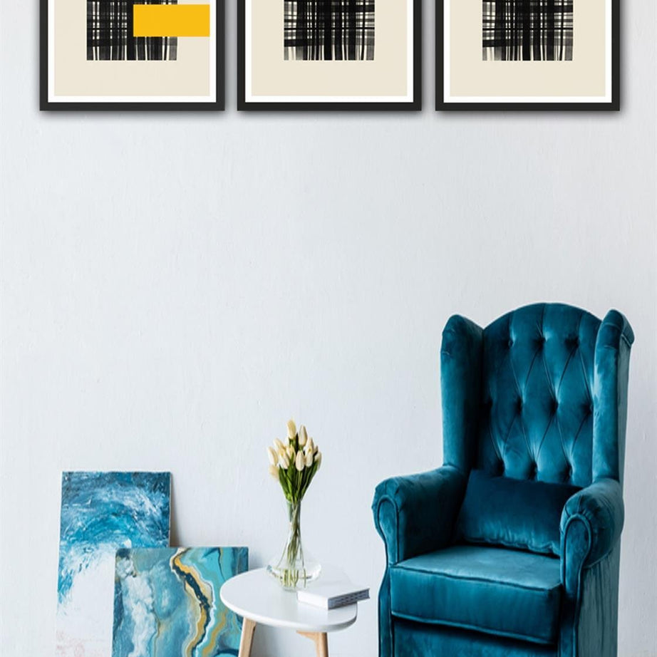 3 Parça Modern Sanat Tarzında Siyah Çerçeve Görünümlü Uv Baskı Mdf Tablo Seti
