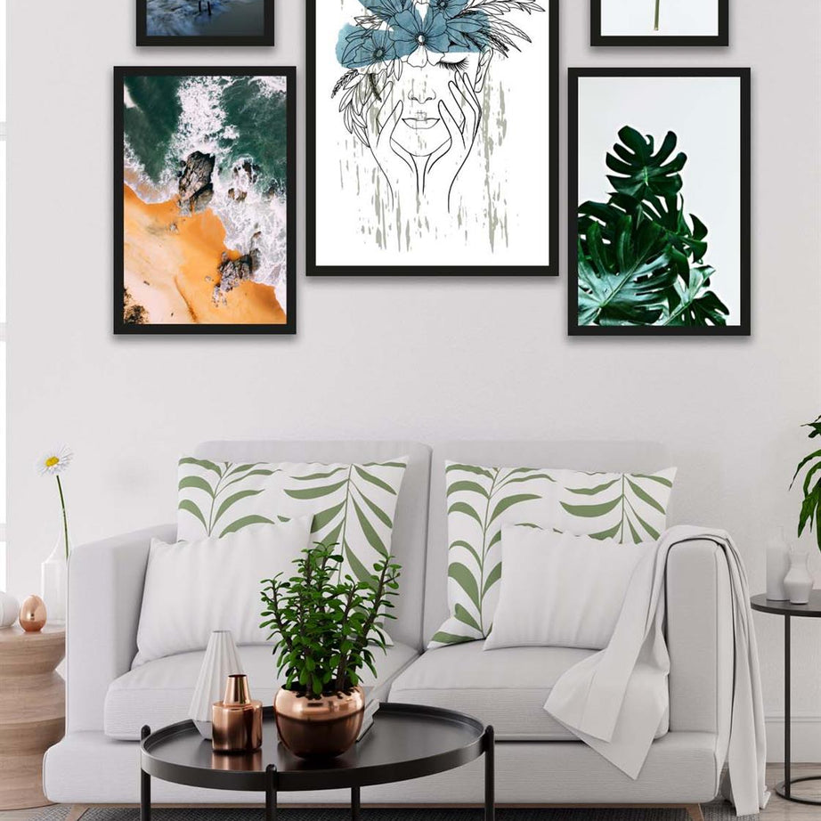 5 Parça Modern Sanat Tarzında Tasarım (Siyah çerçeve görünümlü) Uv Baskı Mdf Tablo Seti