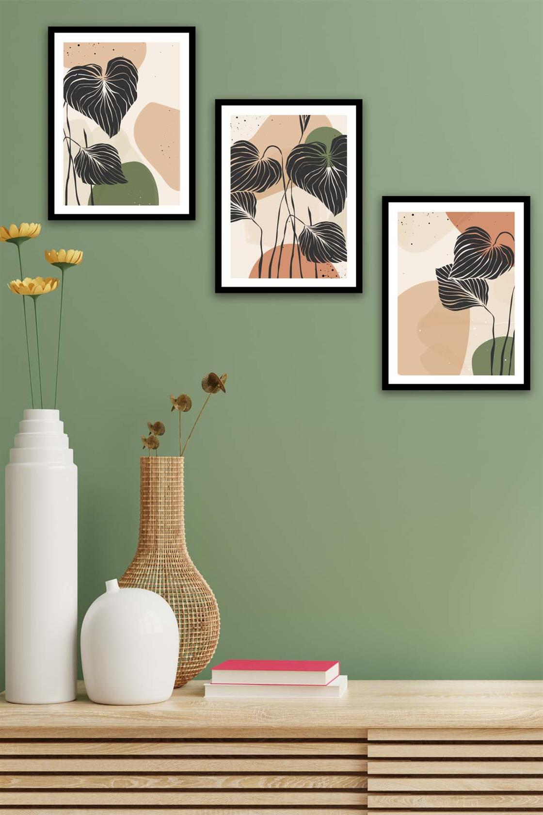 3 Parça Botanik Çiçek Bohem Tasarım Uv Baskı Mdf Tablo Seti