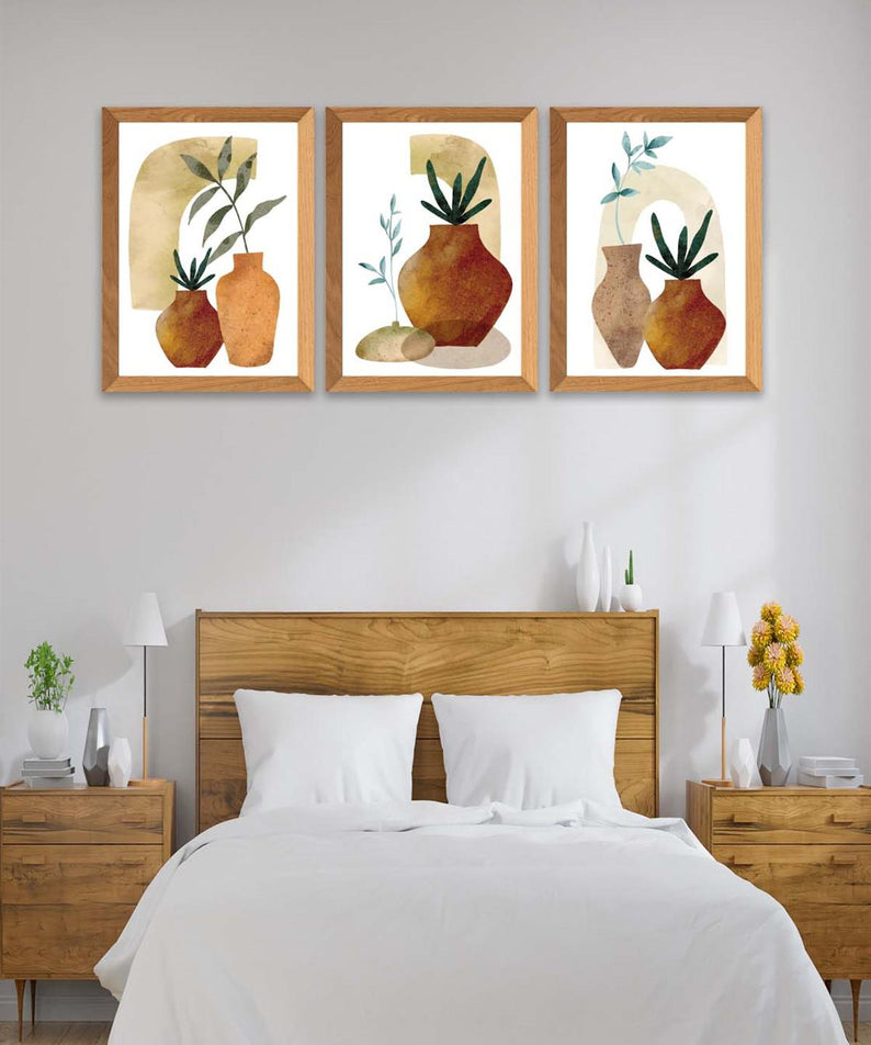 3 Parça Sanatsal Suluboya Bohem Tarzda (Ahşap Çerçeve Görünümlü) Uv Baskı Mdf Tablo Seti