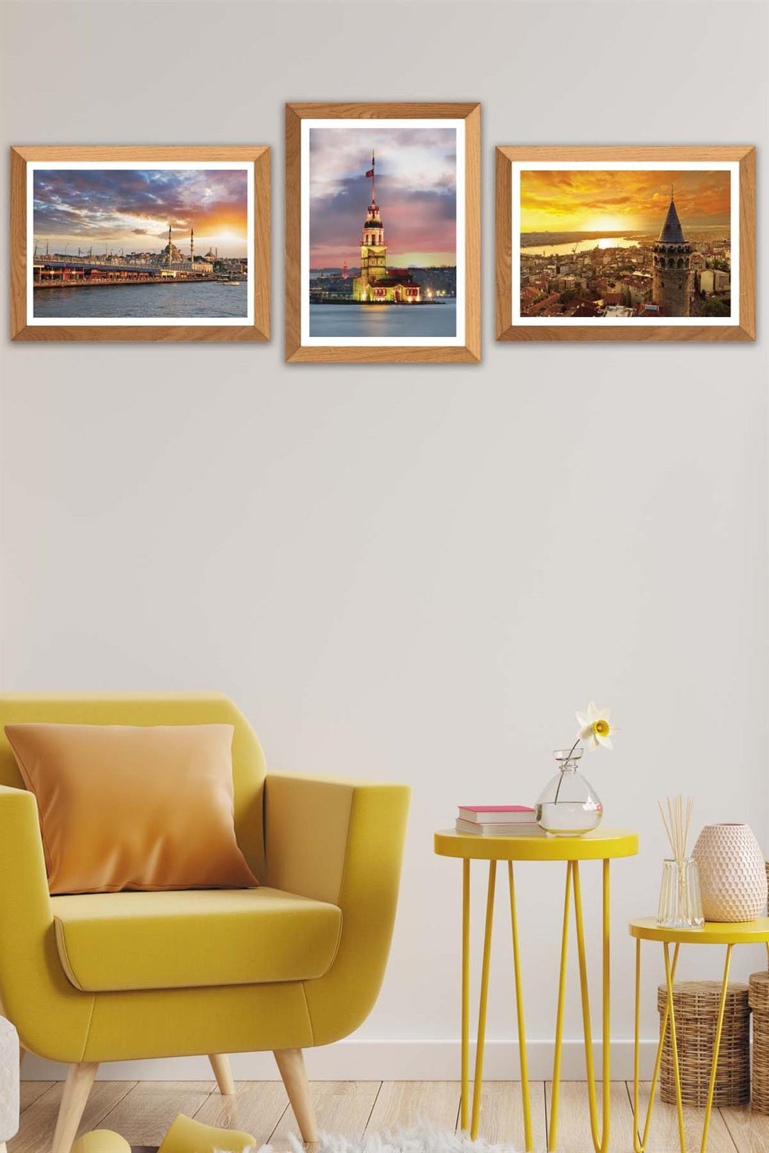 3 Parça Kız Kulesi Ve Galata Kulesi (Ahşap çerçeve görünümlü) Uv Baskı Mdf Tablo Seti
