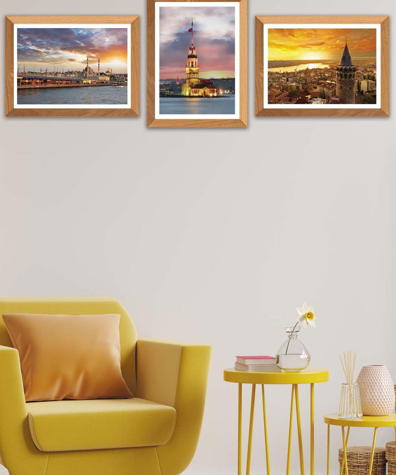 3 Parça Kız Kulesi Ve Galata Kulesi (Ahşap çerçeve görünümlü) Uv Baskı Mdf Tablo Seti