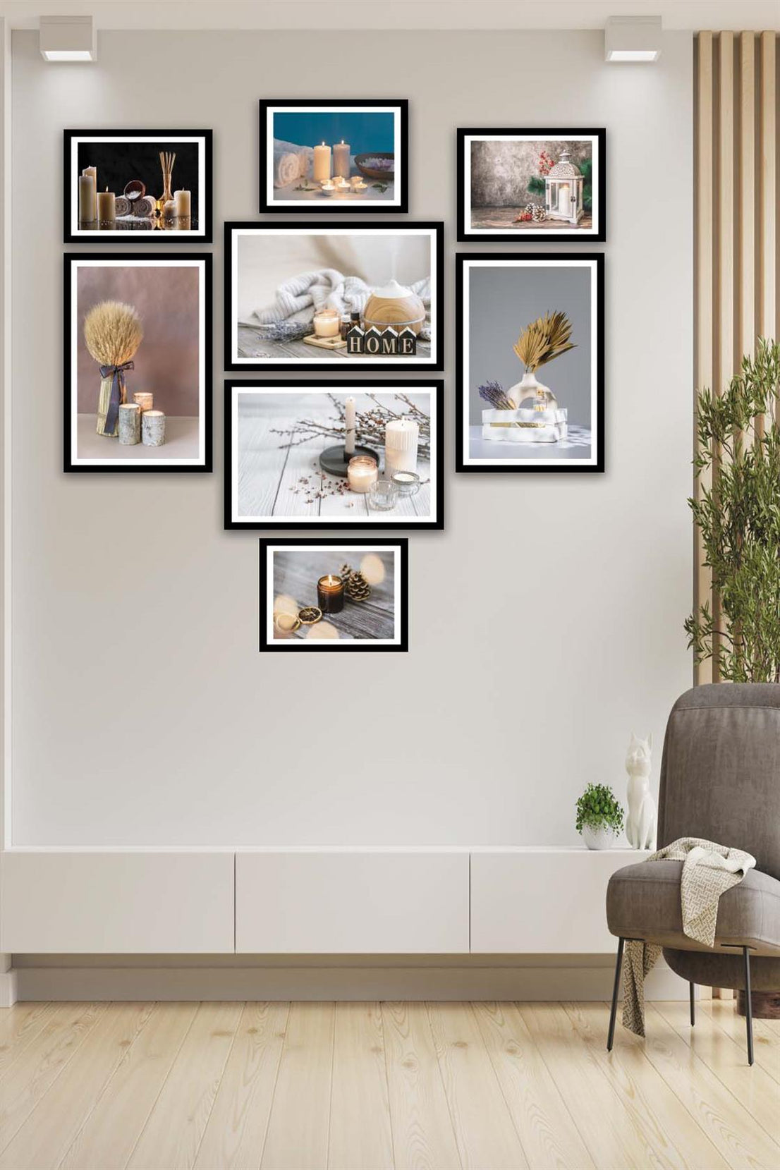 8 Parça Mum Ve Kozalak Tarzında Siyah Çerçeve Görünümlü Mdf Tablo Seti