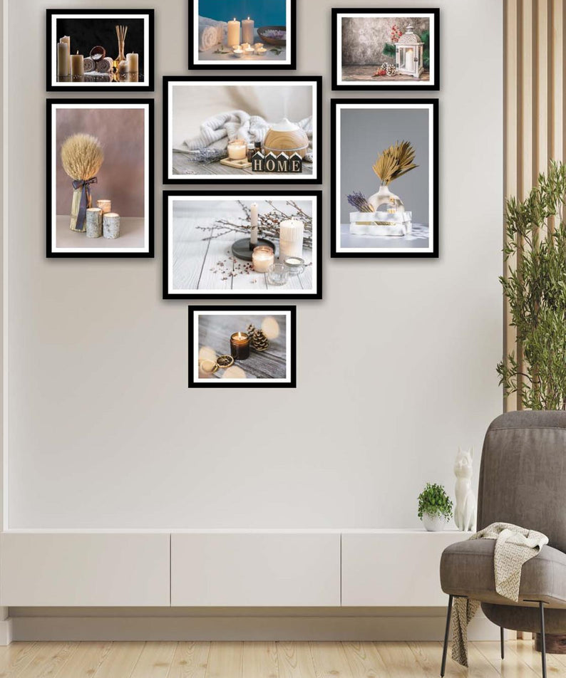 8 Parça Mum Ve Kozalak Tarzında Siyah Çerçeve Görünümlü Mdf Tablo Seti