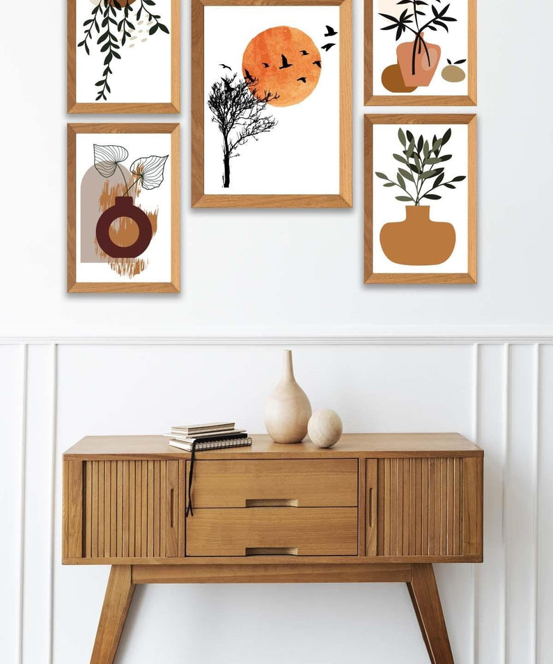 5 Parça Dal Ve Bohem Temalı Ahşap Çerçeve Görünümlü Tablo Seti