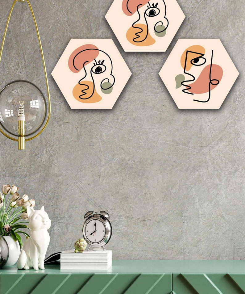 3 Parça Altıgen Petek Tasarımı Tarzında Bohem Mdf Tablo Seti