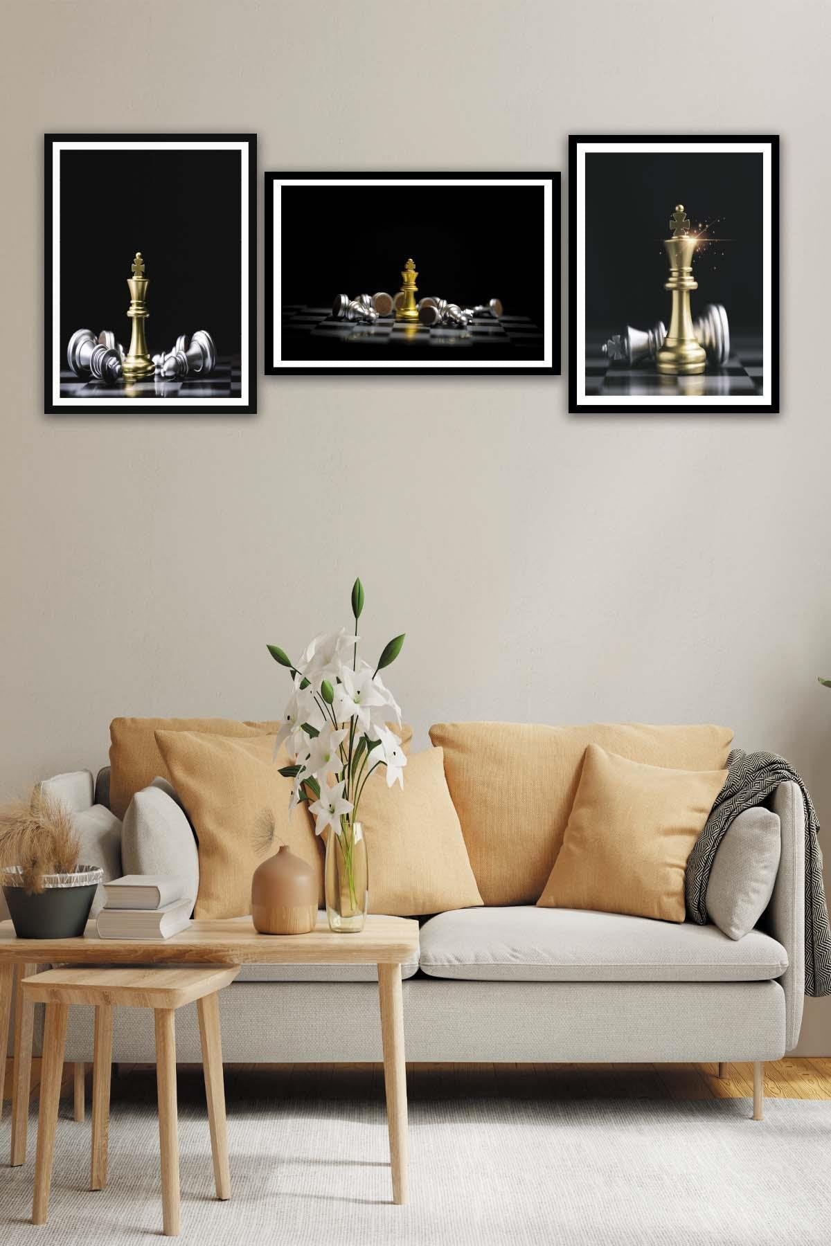Satranç Temalı Siyah Çerçeve Görünümlü Tablo Seti