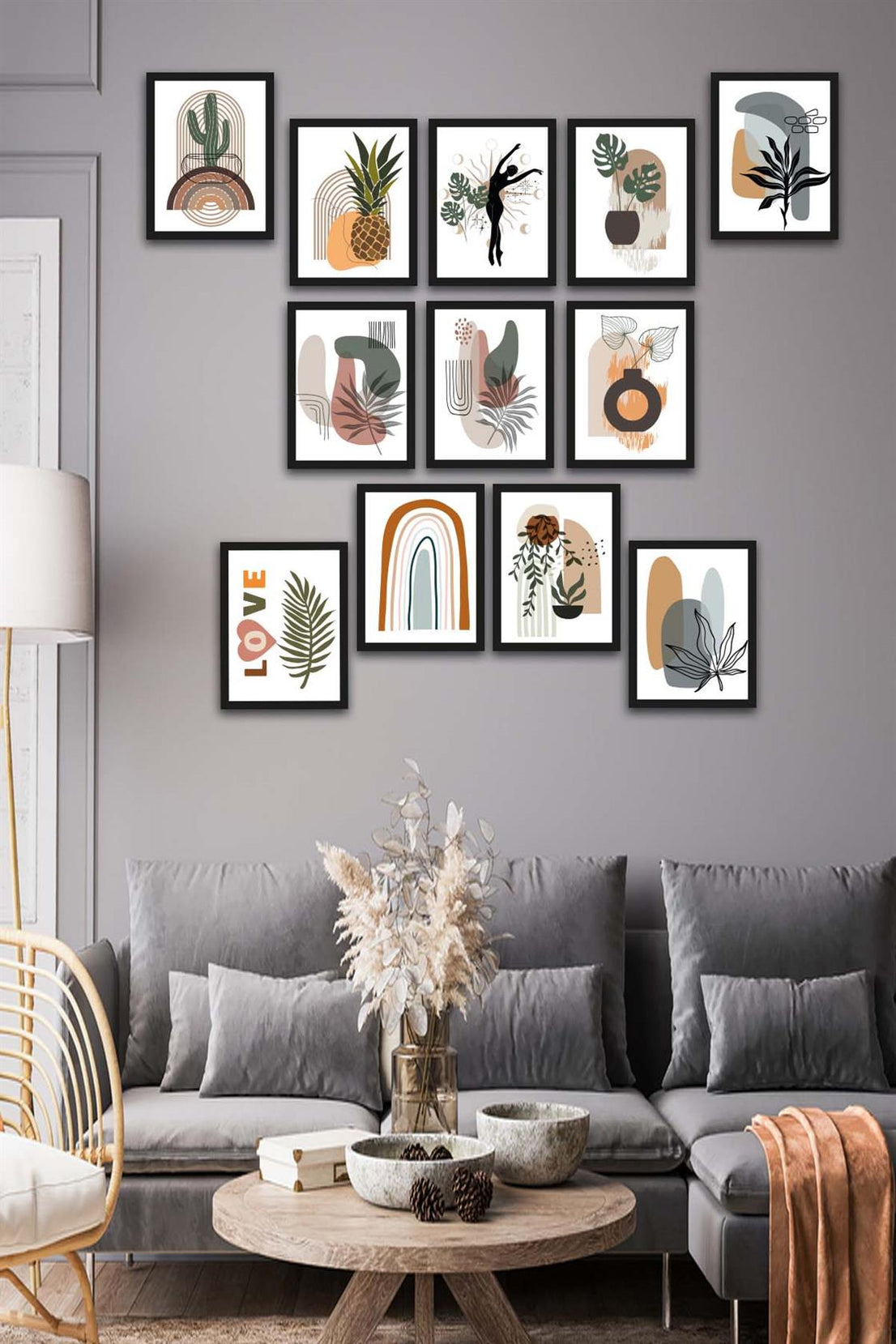 12 Parça Bohem Tarzda Sanatsal Siyah Çerçeve Görünümlü Uv Baskı Mdf Tablo Seti