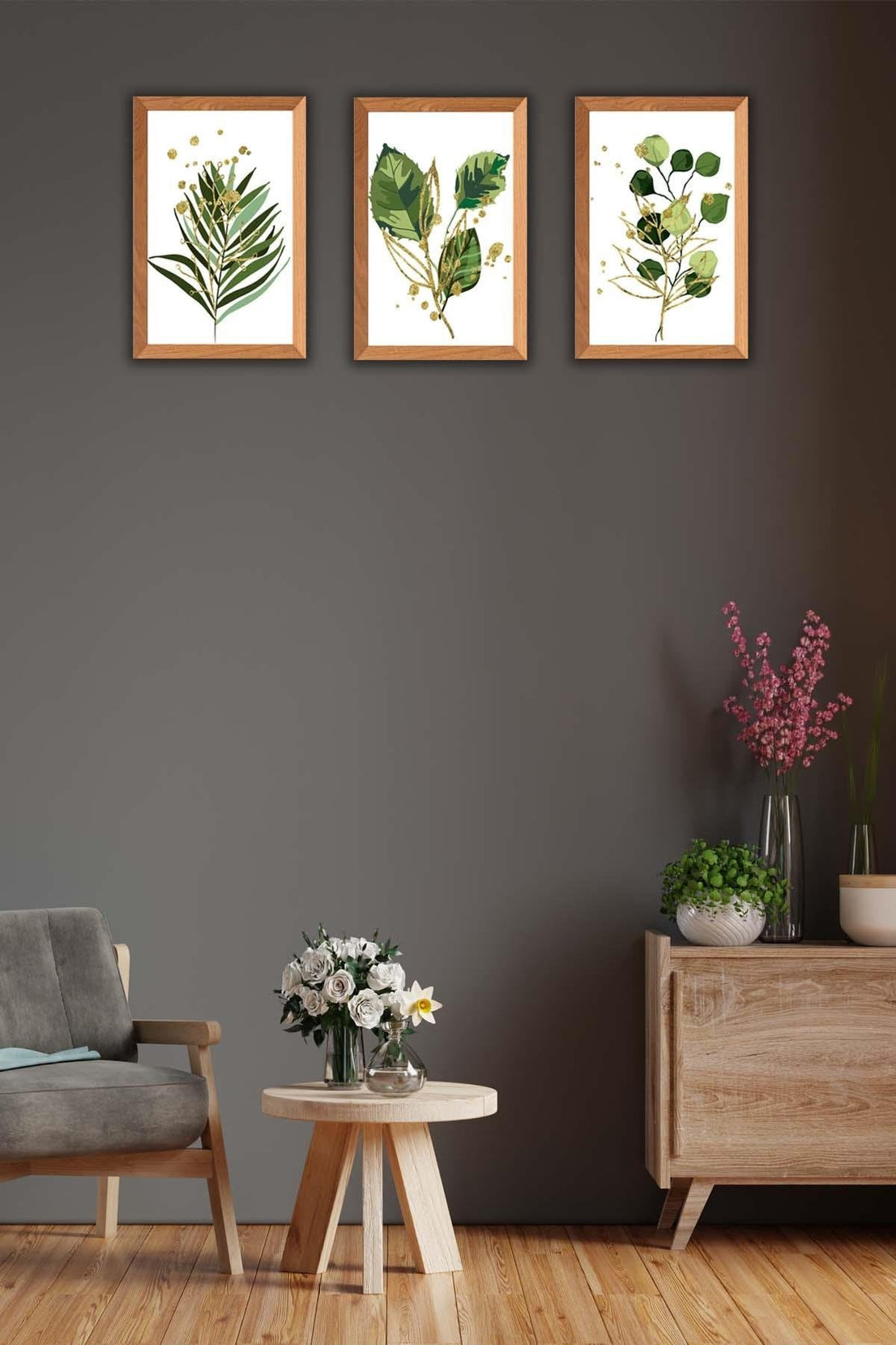 Yeşil Çiçek Temalı Ahşap Çerçeve Görünümlü Tablo Seti