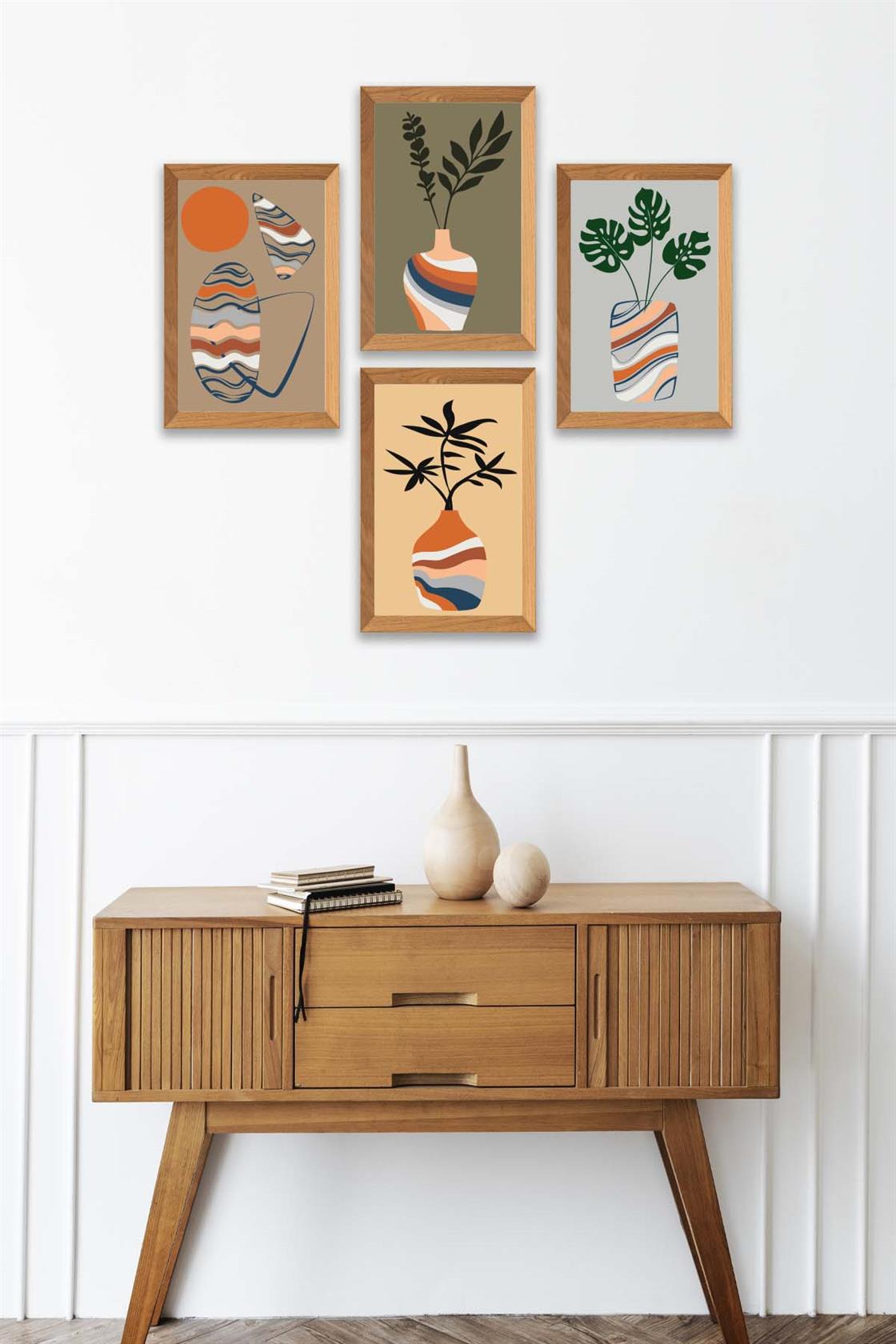 4 Parça Vazo Bohem Tarzında Ahşap Çerçeve Görünümlü Dijital Baskı Tablo Seti