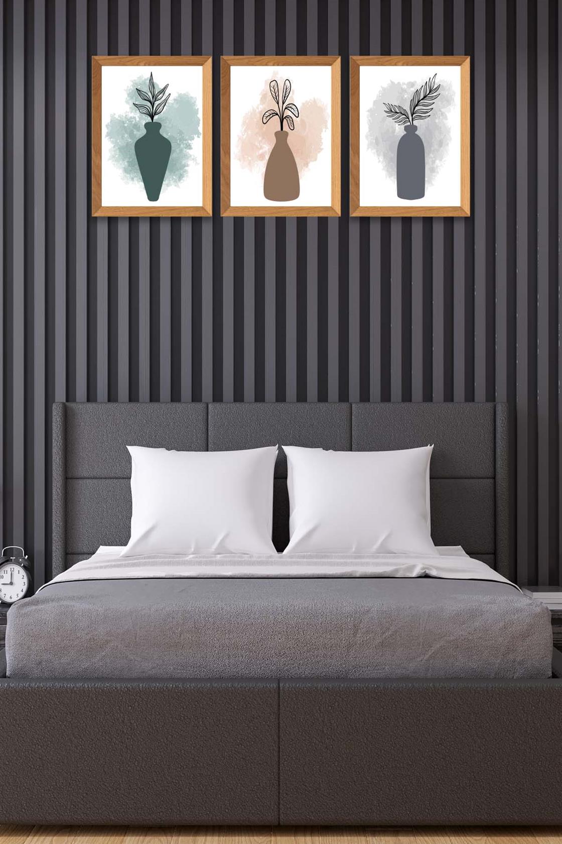 3 Parça Modern Sanatsal Suluboya Tarzda (Ahşap çerçeve görünümlü) Uv Baskı Mdf Tablo Seti