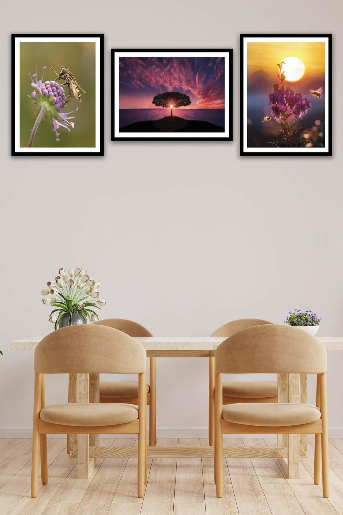 Arı Ve Çiçek Temalı Siyah Çerçeve Görünümlü Tablo Seti