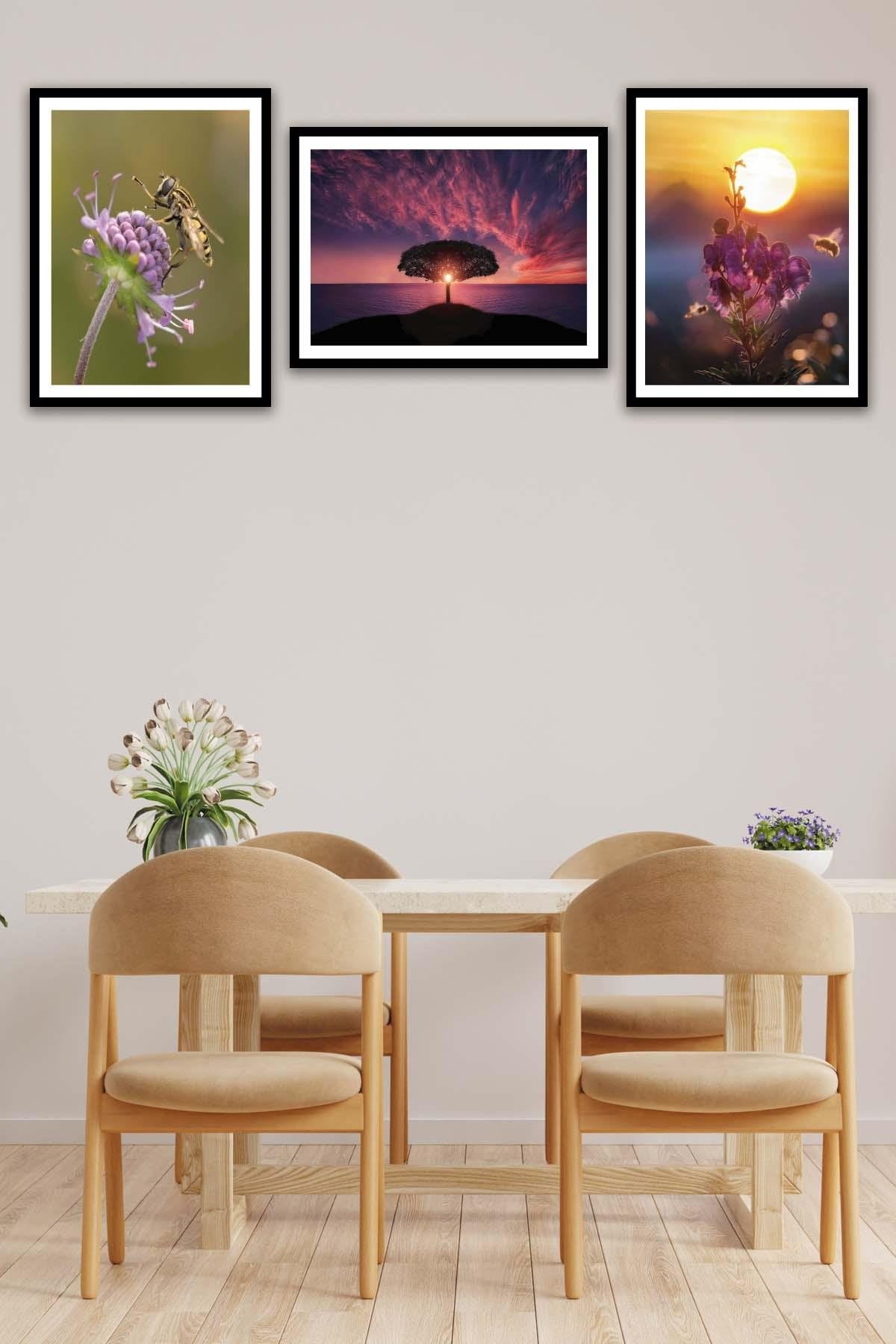 Arı Ve Çiçek Temalı Siyah Çerçeve Görünümlü Tablo Seti
